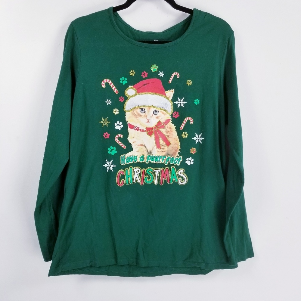 Christmas kitty longsleeve knit top XL green